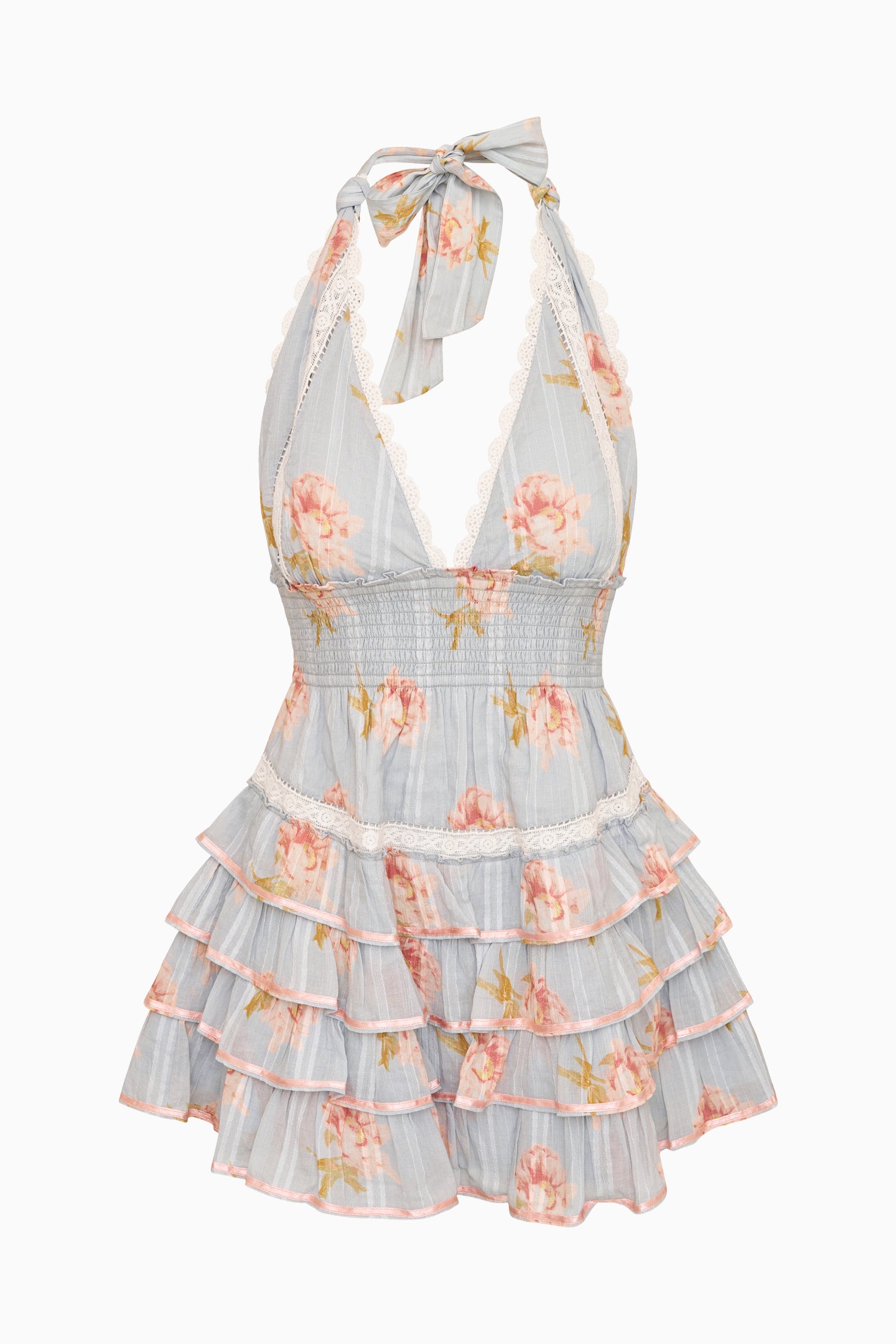 loveshackfancy floral print mini dress LoveShackFancy Women's Kerch Mini Halter Dress - Blue - Size L