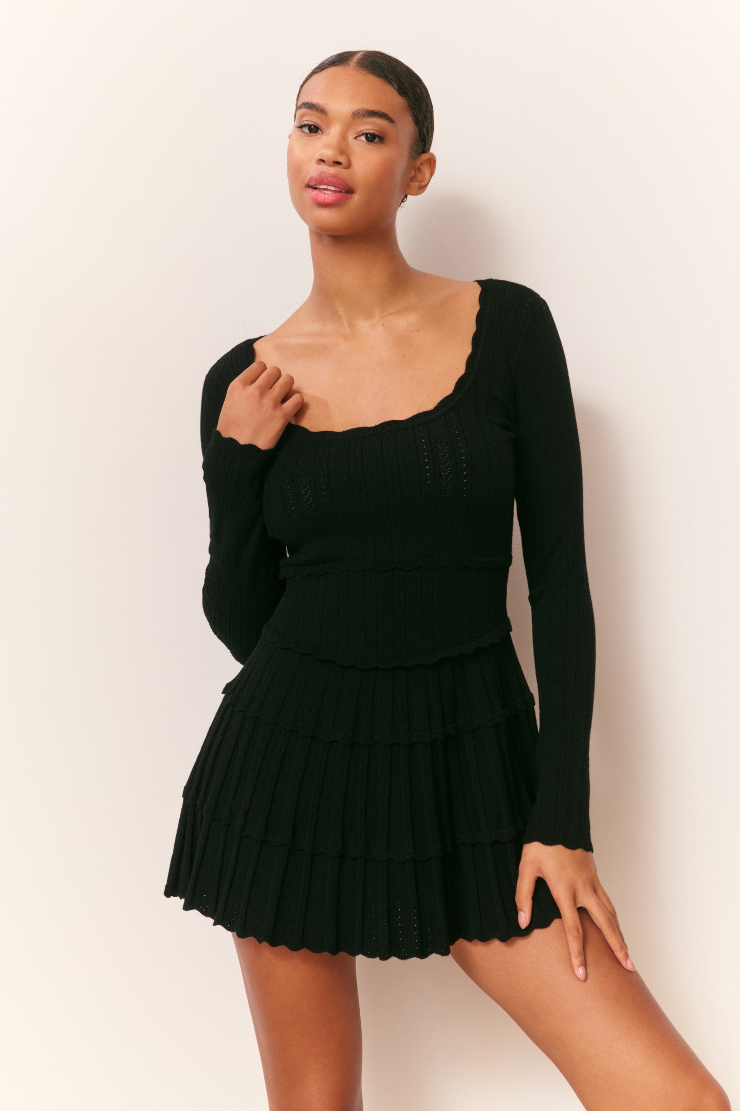 knee length dresses for ladies Self-Portrait - White Lace Collared Pointelle Knit Mini Dress main image 1