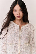 Woman wearing a white lace jacket against a plain background