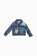 Denim jacket with white floral lace embroidery on a white background