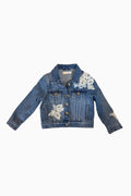 Blue denim jacket with floral embroidery on a white background