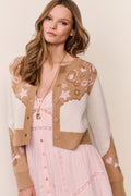 Woman wearing a cream and brown Cardigan with floral and western star patterns and pink dress on a beige background