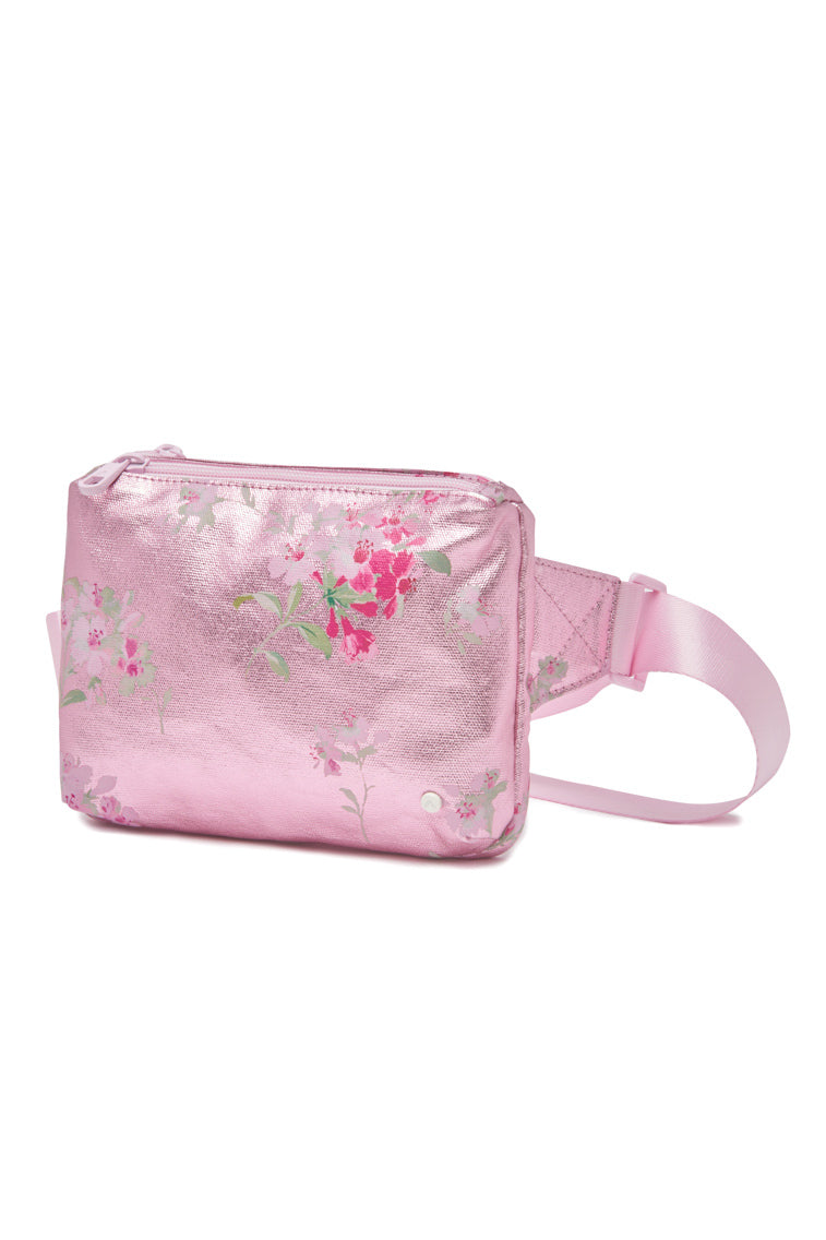 vibrant pink metallic with our signature romantic floral print all over. With a sleek design and adjustable strap, this fanny pack can be worn comfortably around the waist or across the body
