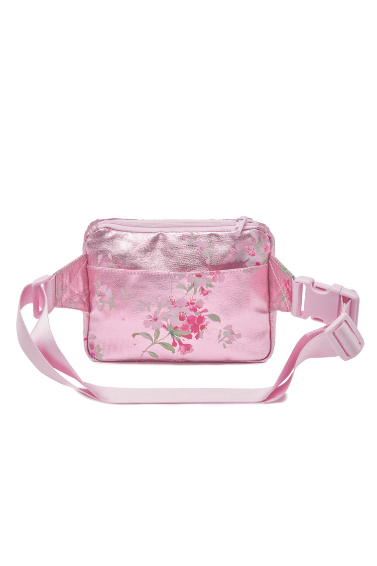 vibrant pink metallic with our signature romantic floral print all over. With a sleek design and adjustable strap, this fanny pack can be worn comfortably around the waist or across the body