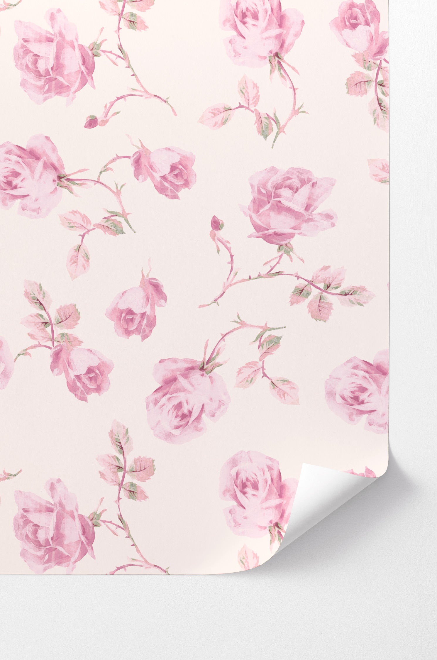 Introducing a delicate rose print wallpaper featuring a soft pink background. This wallpaper exudes elegance with its large, intricately detailed roses.