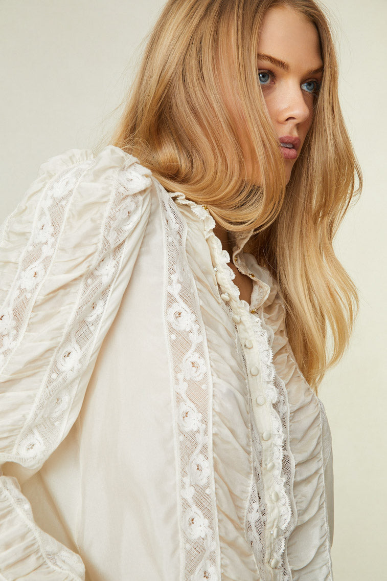 Model wearing white long sleeve blouse with button up front and lace detail.