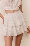 White lace skirt worn by a person on a plain background