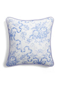 Linen throw pillow, light blue floral and horse print with dark blue piping, square shape