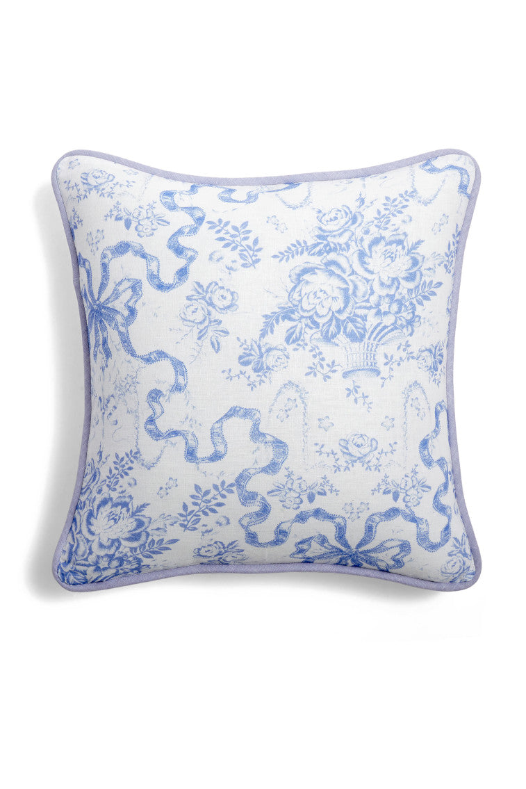 Linen throw pillow, light blue floral and horse print with dark blue piping, square shape