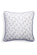 Linen throw pillow, light blue lattice floral print with blue-trim piping, square shape