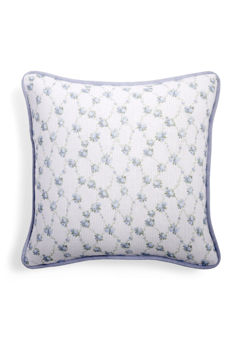 Linen throw pillow, light blue lattice floral print with blue-trim piping, square shape