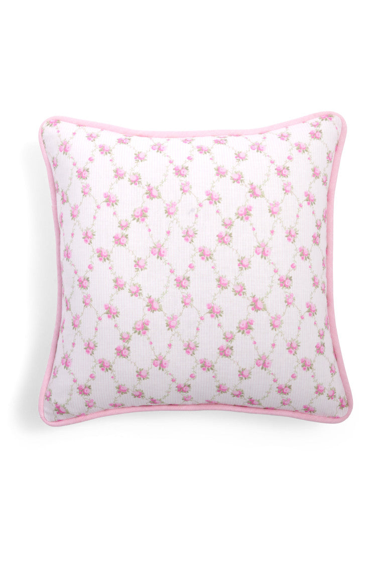 Linen throw pillow, white base with pink floral allover print and pink-trim piping, square