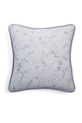 Linen throw pillow, pale blue floral vine print with blue-trim piping, square shape