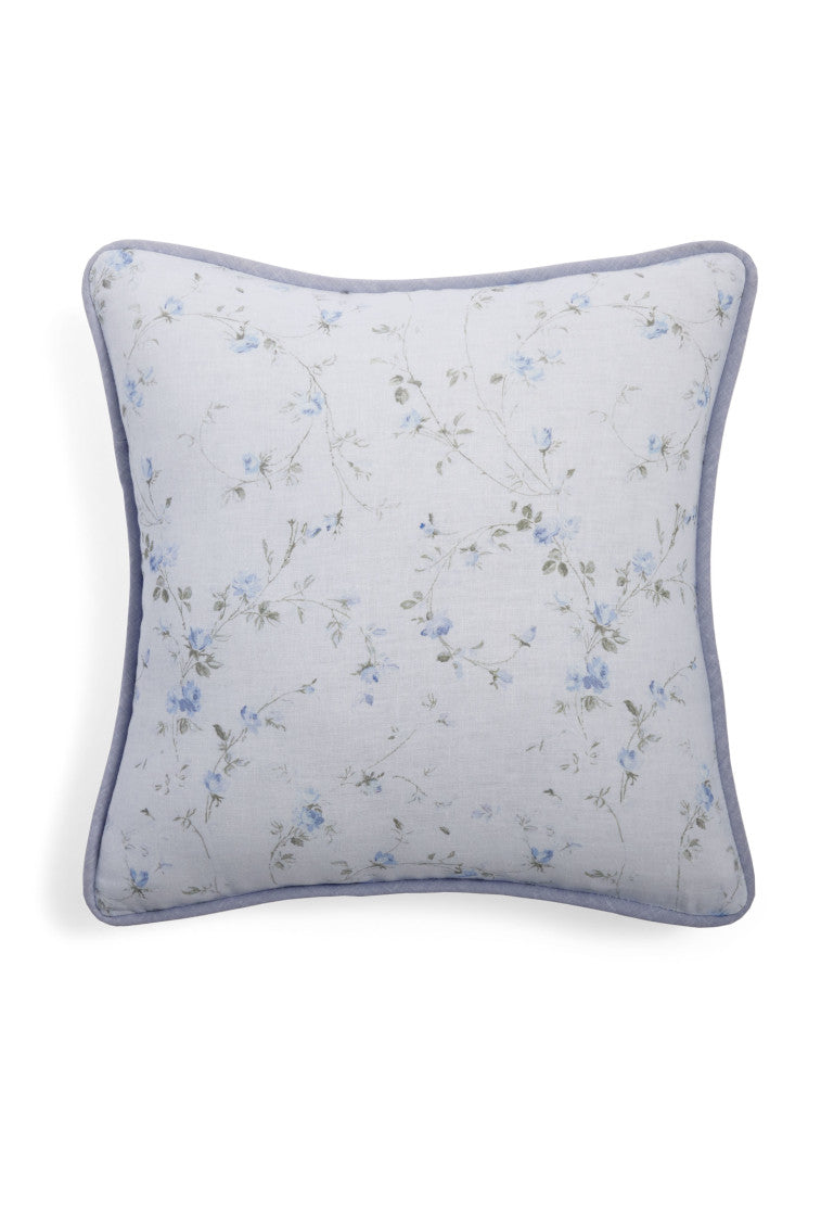 Linen throw pillow, pale blue floral vine print with blue-trim piping, square shape