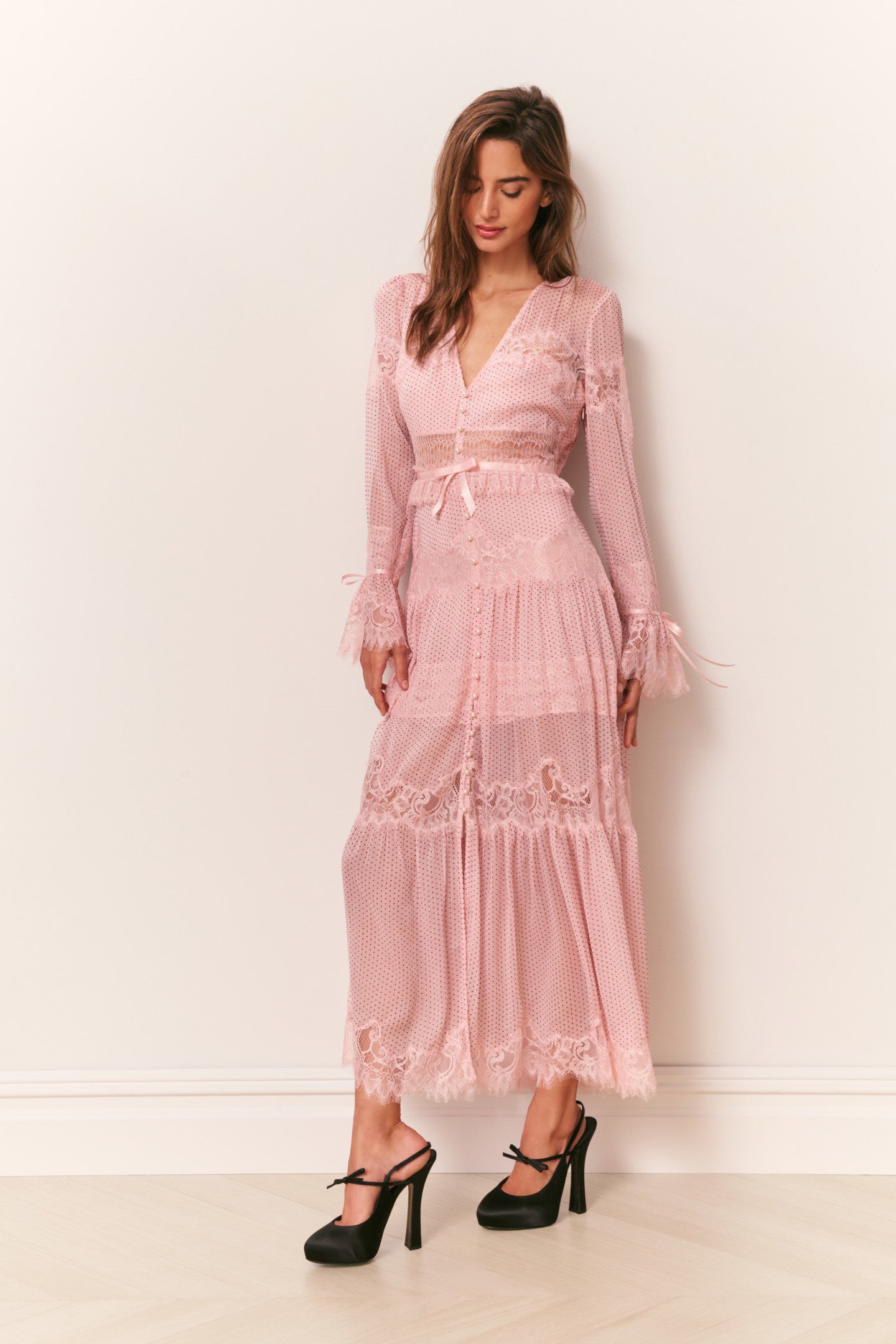 Marinetta Polka Dot Lace-Trim Maxi Dress Pink Nude / 4