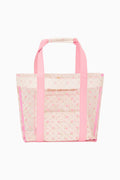 Tote bag with pink trim and floral pattern on a white background