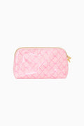 Pink bow print cosmetic bag on a white background