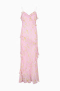 Tiered ruffled purple floral maxi dress on a white background