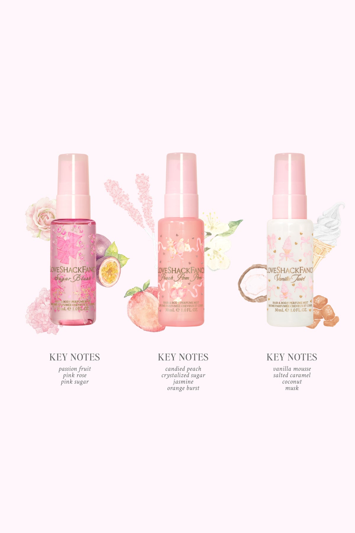 Three mini hair and body perfume mist bottles with fruit-themed labels, LOVESHACKFANCY
