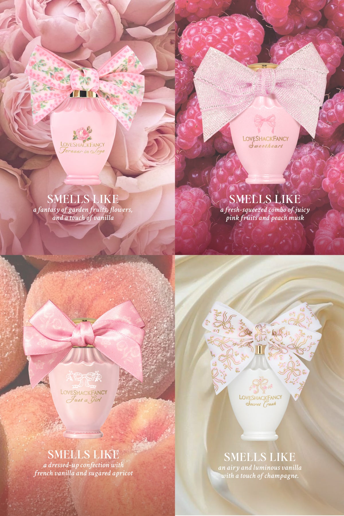 Four mini perfume bottles with assorted bows in pink and red tones