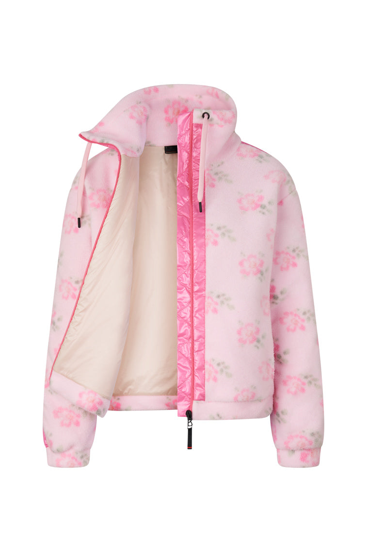 Fleece jacket with stand-up collar and zipper fastening.
