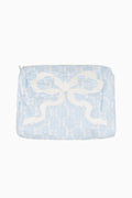 Light blue pouch with a white snake design on a white background