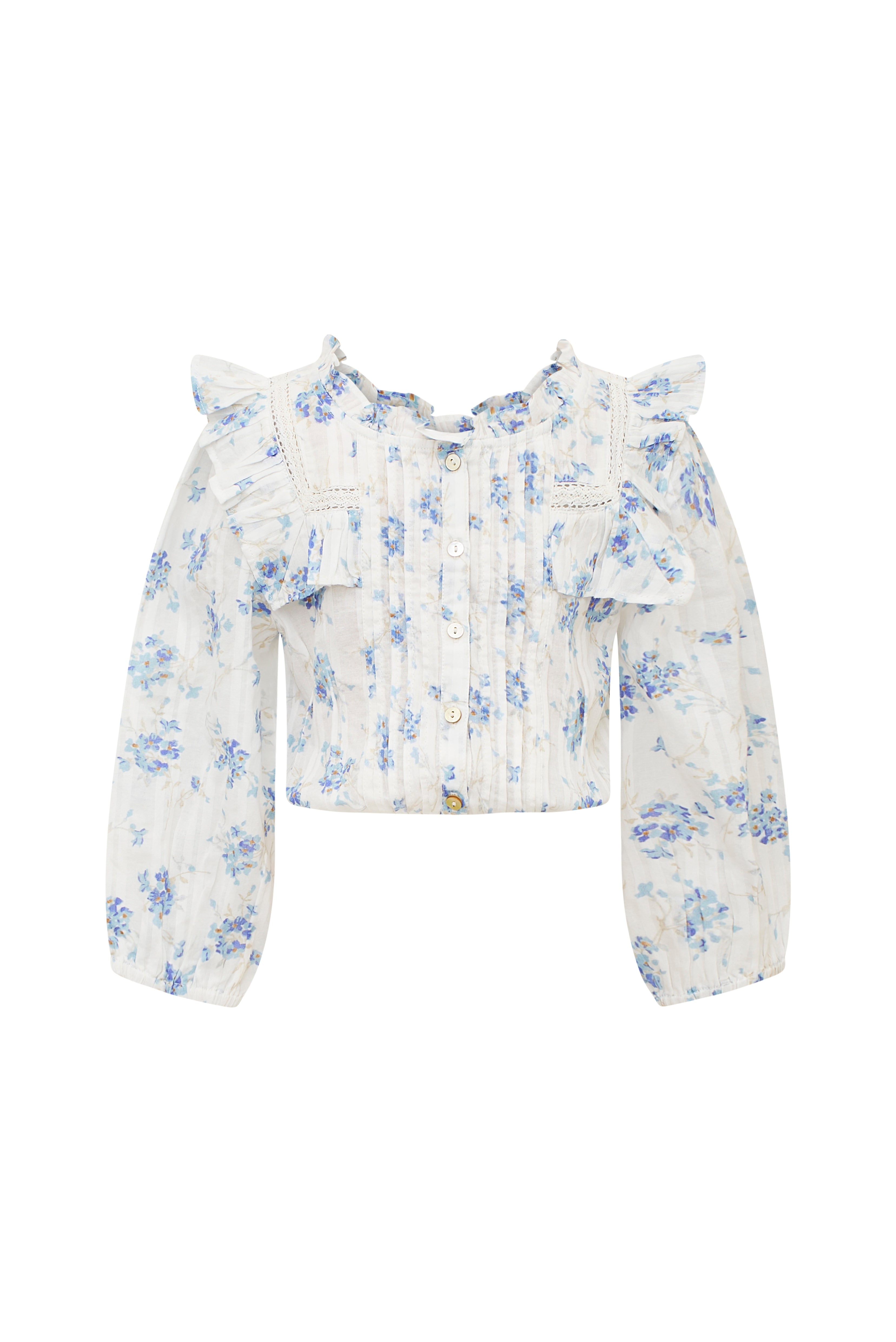 Girls top featuring intricate custom lace detail at the round neckline and throughout the ruffle-adorned bib, airy long sleeves and small embroidery detail all over.