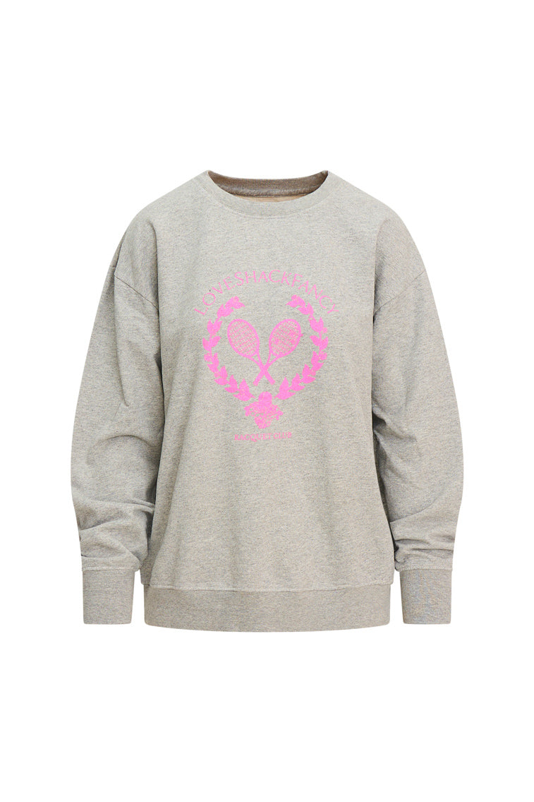 Grey soft fleece pullover features a playful heart print with tennis logo.