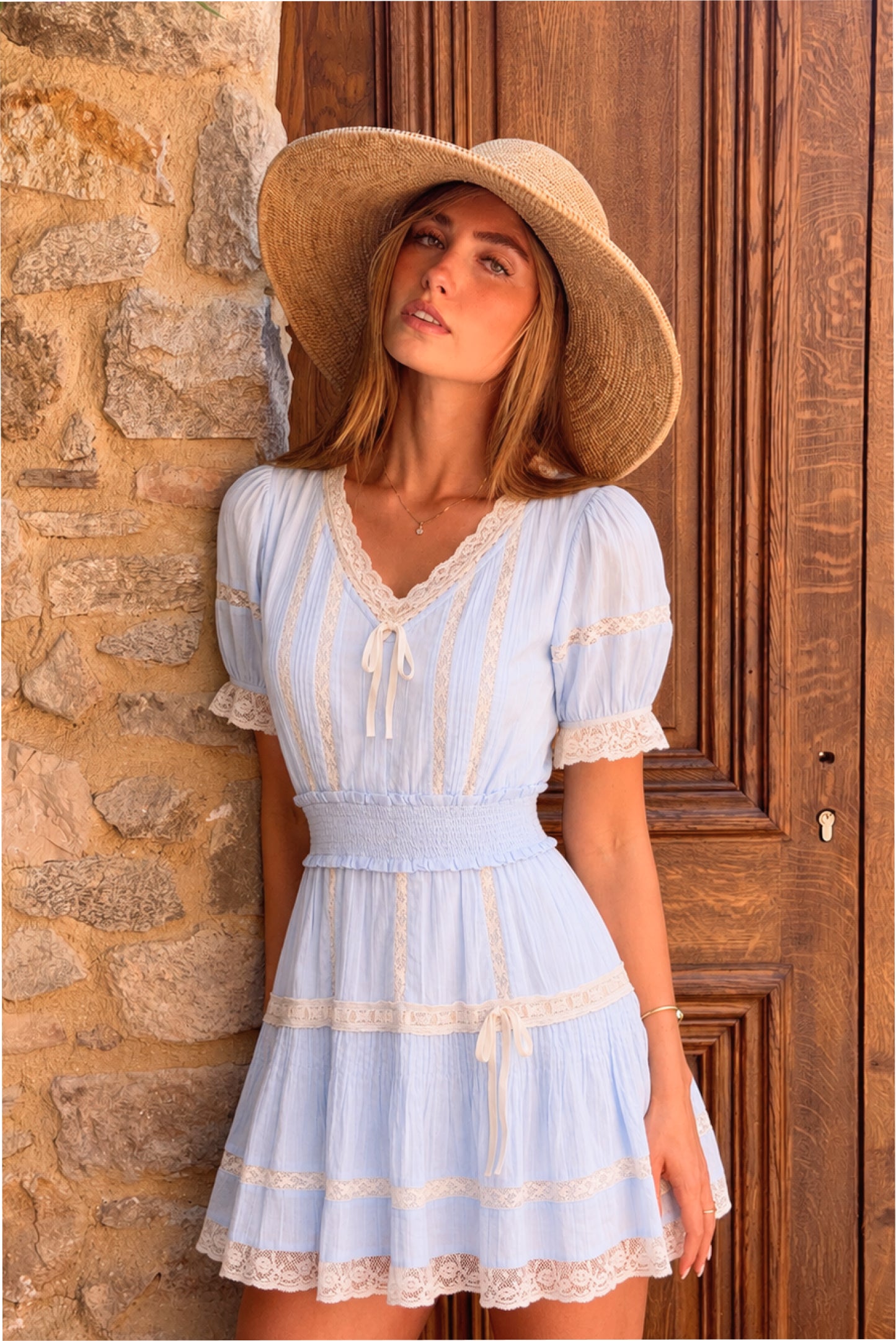 V-Neck Puff Short Sleeve Lace Ribbon Mini Dress