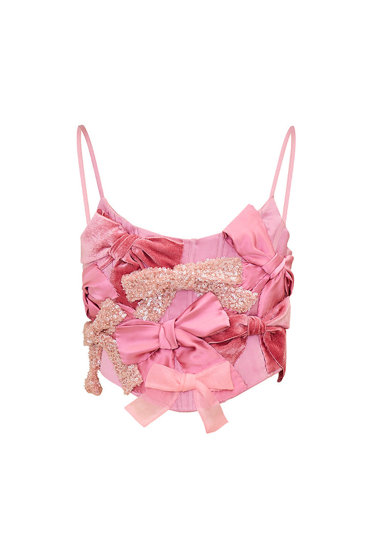 Pink bow bustier top with rosette and ribbon patchwork, thin spaghetti straps