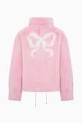 Pink jacket with a large white bow design on a white background