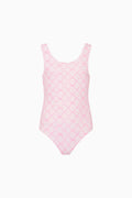 Pink bow patterned swimsuit on a white background