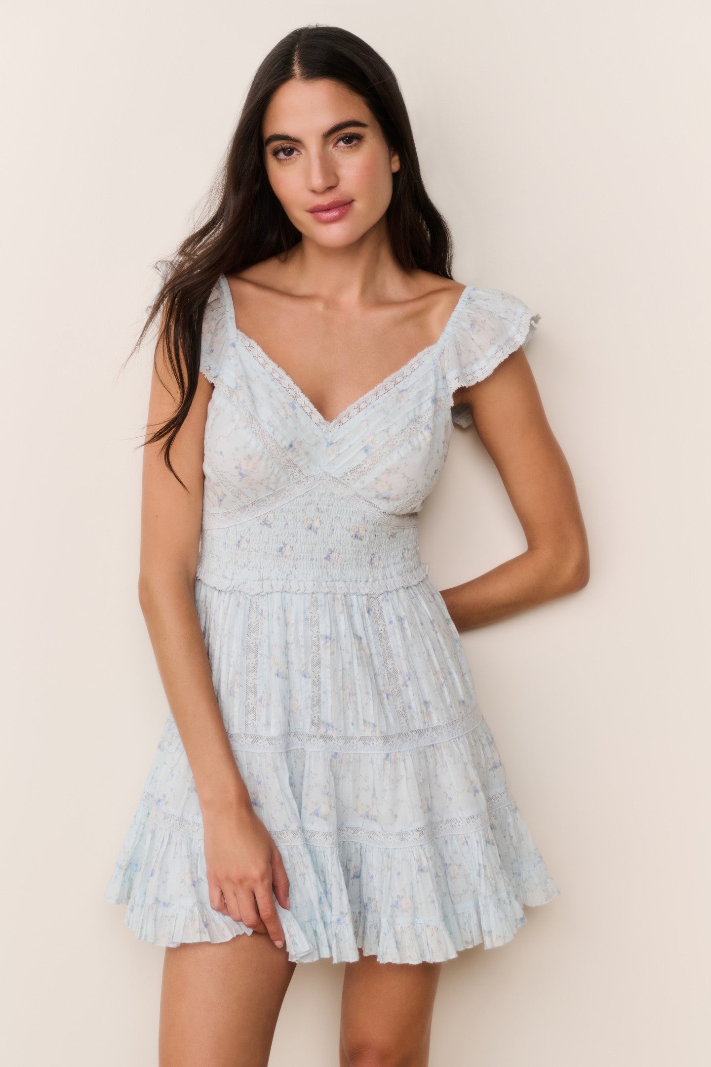 Presline Floral Wreath Print Mini Dress Snowdrop Blue / S Presline Floral Wreath Print Mini Dress Snowdrop Blue / S