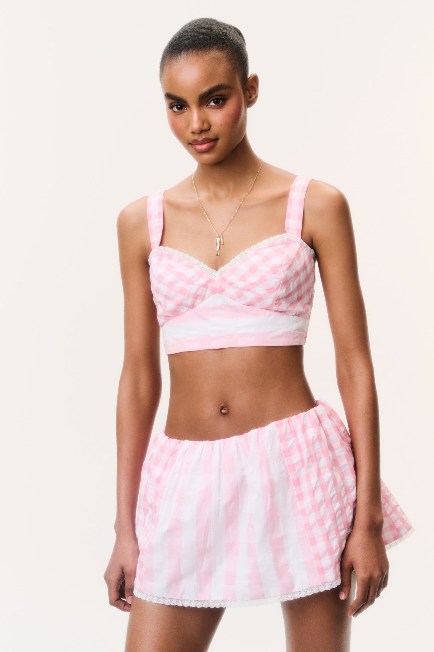 Gingham Pleated Elastic Waistband Loose Fit Skort | LoveShackFancy