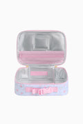 Pink and gray toiletry bag with a bow on a white background