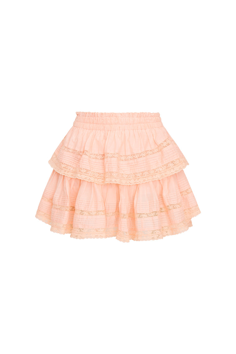 Mini skirt featuring ruffled tiers, intricate inset lace trims, allover pintuck details, and a frayed hem. Includes an elasticated waistband and double lining.