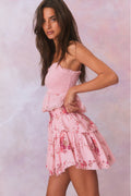 Pink floral tiered ruffle skirt with elastic waistband and double lined.