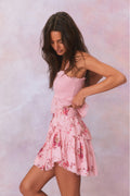 Pink floral tiered ruffle skirt with elastic waistband and double lined.