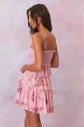 Pink floral tiered ruffle skirt with elastic waistband and double lined.