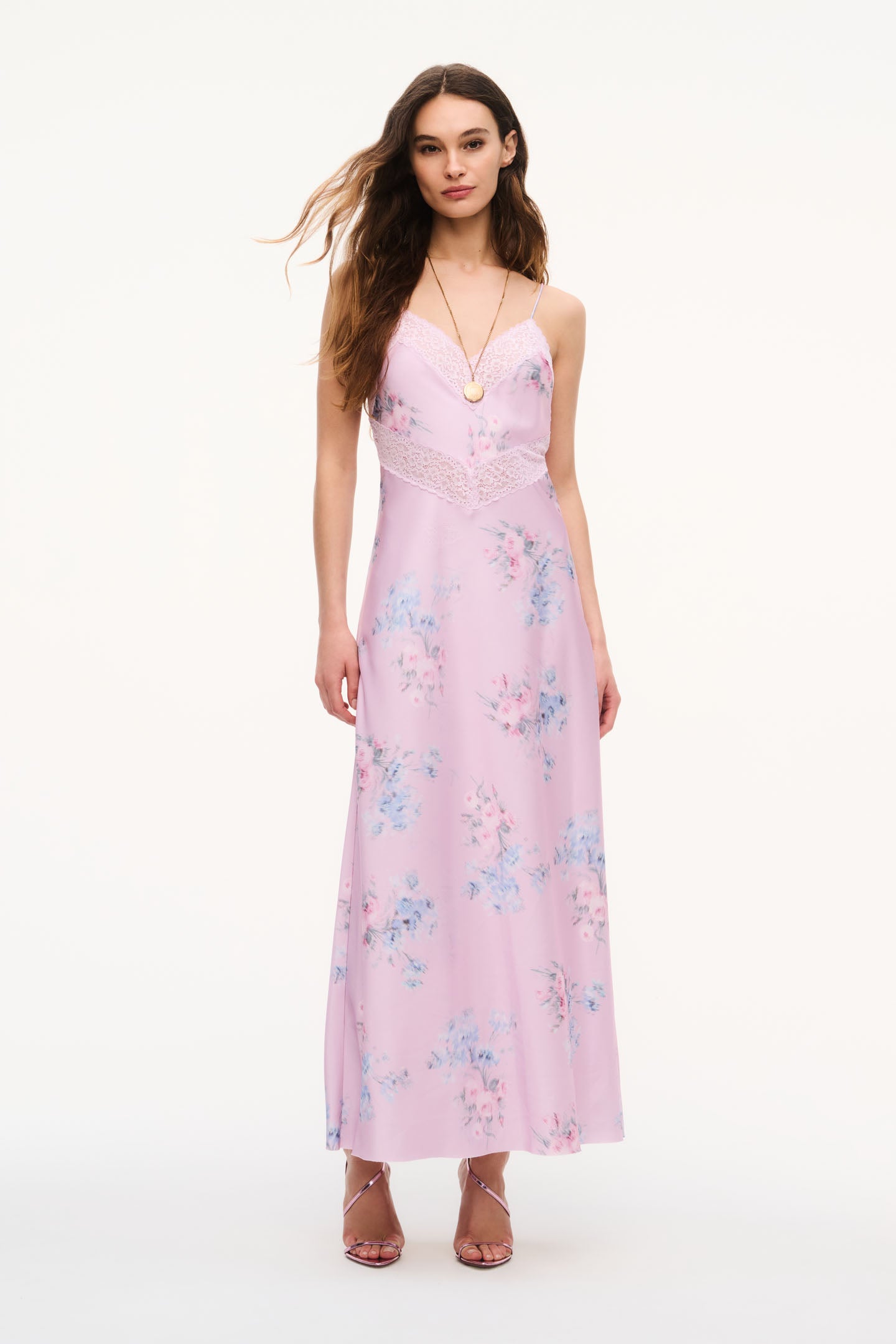 floral spaghetti neck maxi dress Serita Buffed ROSE Satin Buffed ROSE / L hips fits 35 Avant-garde A New Chapter of Complete your Look:Dress Only