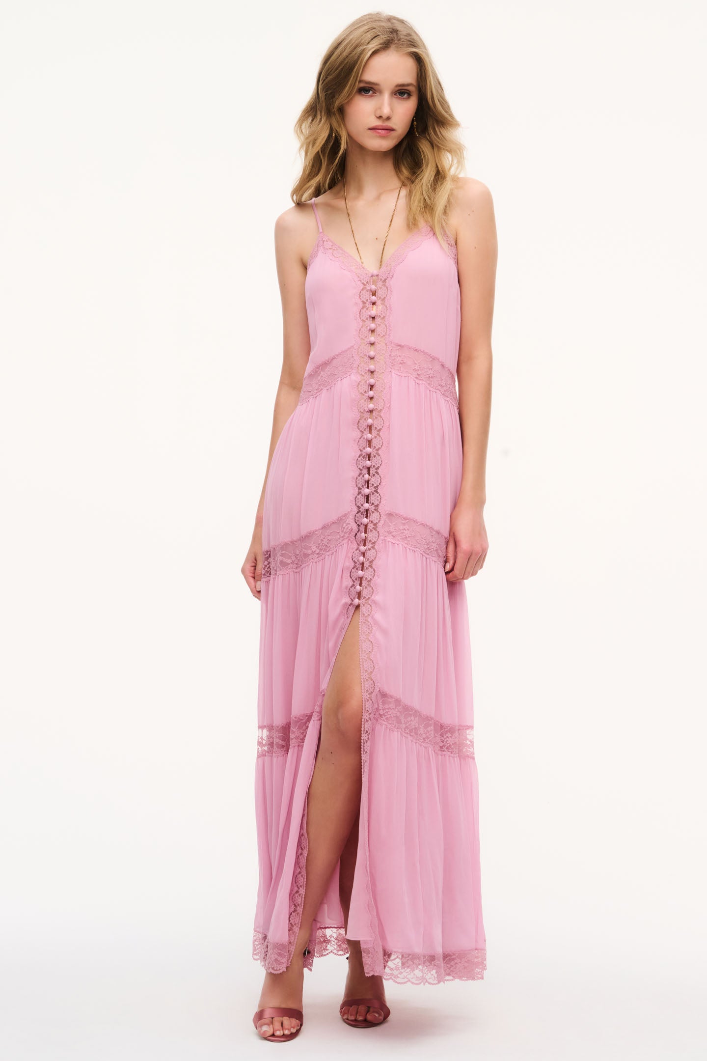 Sheer Lace Tiered V-Neck Maxi Slip Dress