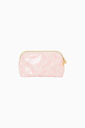 Pink pouch with gold zipper on a white background