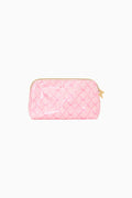 Pink bow print pouch on a white background