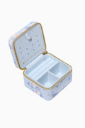 Open jewelry box with compartments on a white background