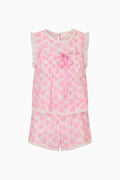 Pink and white patterned set with lace details on a white background