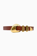 Brown belt with a gold buckle on a white background