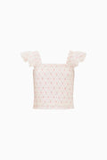 Light pink ruffle sleeve top with floral pattern on a white background