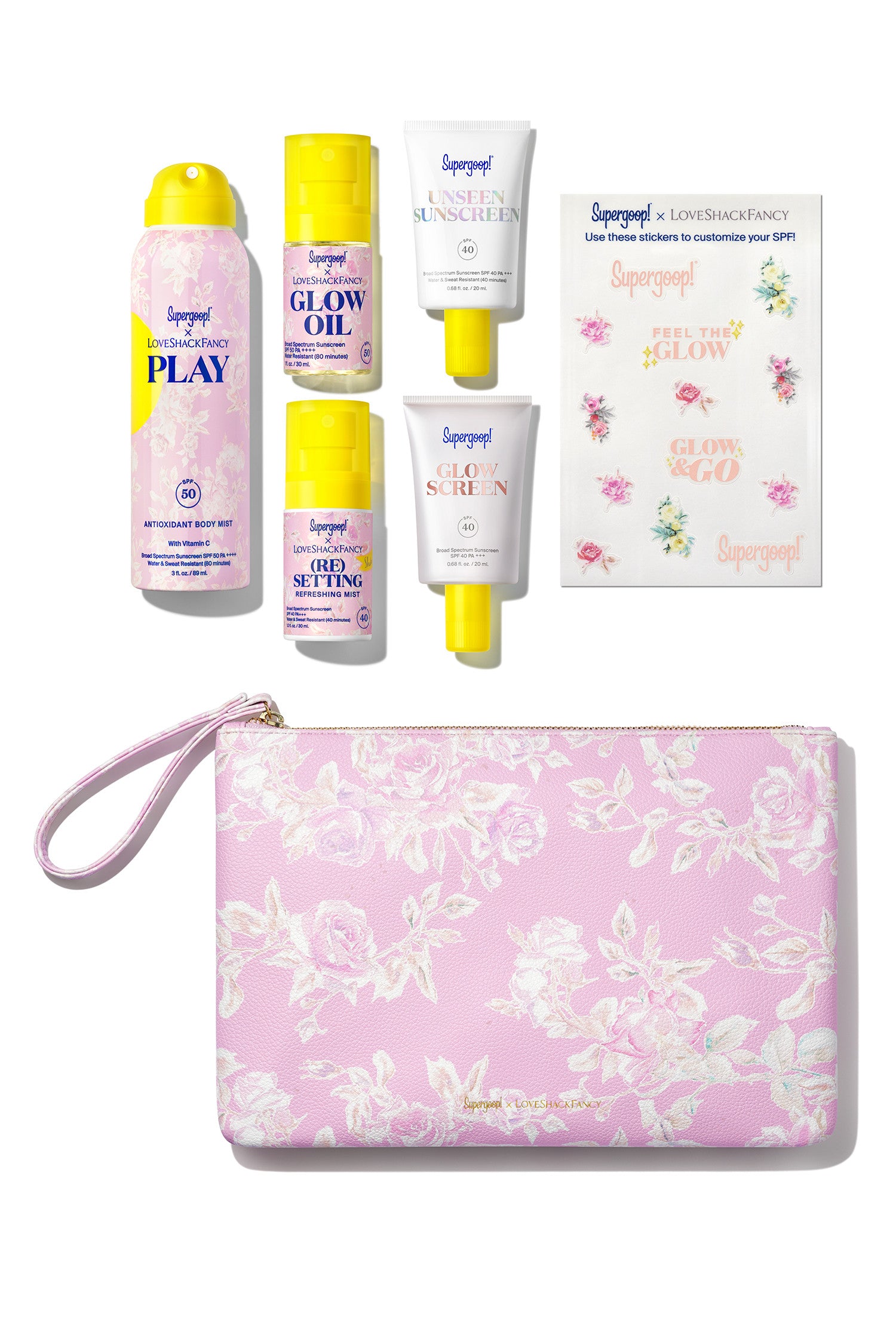 5 Supergoop products in LSF Florals with LSF floral leather pouch and sticker set