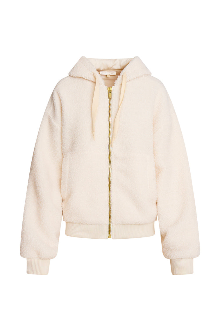 White Fleece Hoodie full zip jacket with cream shoe lace ties around hood and gold zipper down front. Featuring two side pockets and ribbed wrist at end of sleeve hem.