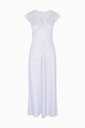 Blue floral dress with lace details on a white background